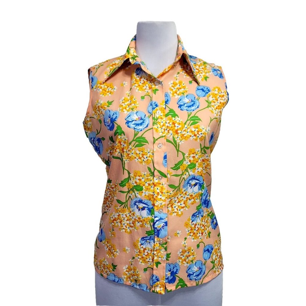 Vintage‎ 70s Floral Crepe Polyester Sleeveless Collared Button Front Blouse Top